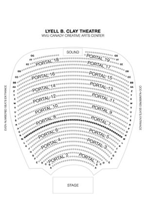 Seating chart for Lyell B Clay Theatre at the WVU Canady Creative Arts Center