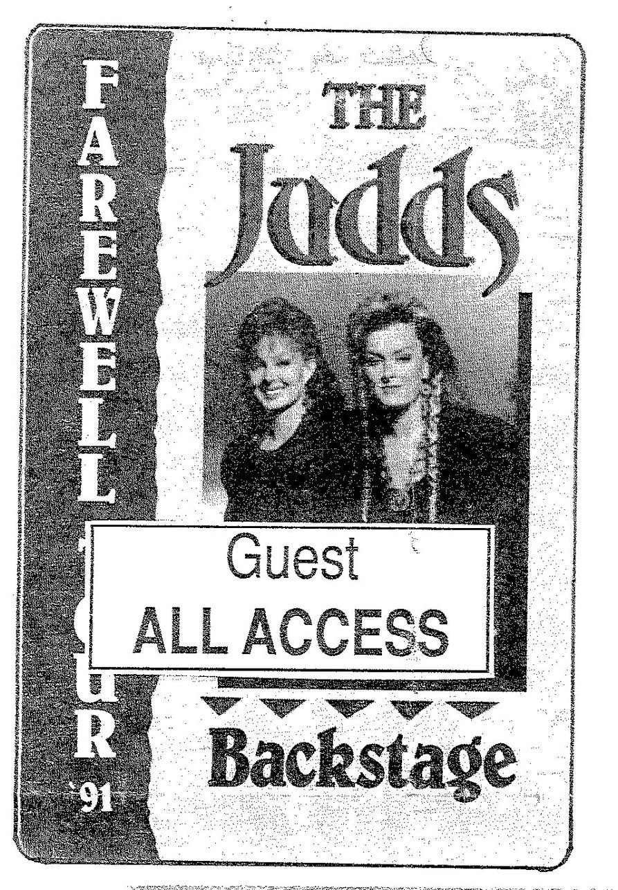 black and white copy of Judds guest all access backstage pass from the 1991 concert