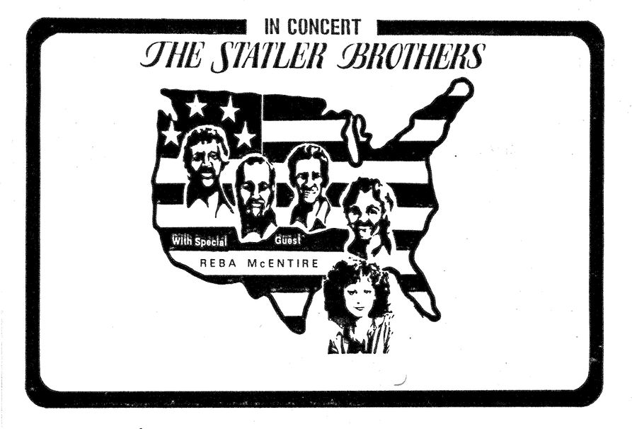 Illustration used to promote the 1984 concert depicting the American flag , each member of the Statler Brothers and Reba McEntire.