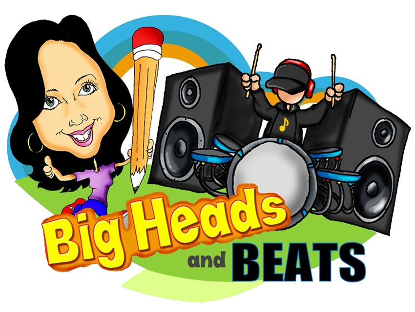 Big Heads and Beats. Caricature drawing and boom box