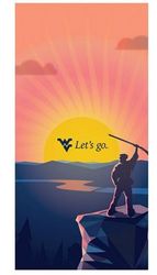 WVU beach towel with the image of the Mountaineer atop a mountain and the slogan "Let's Go."