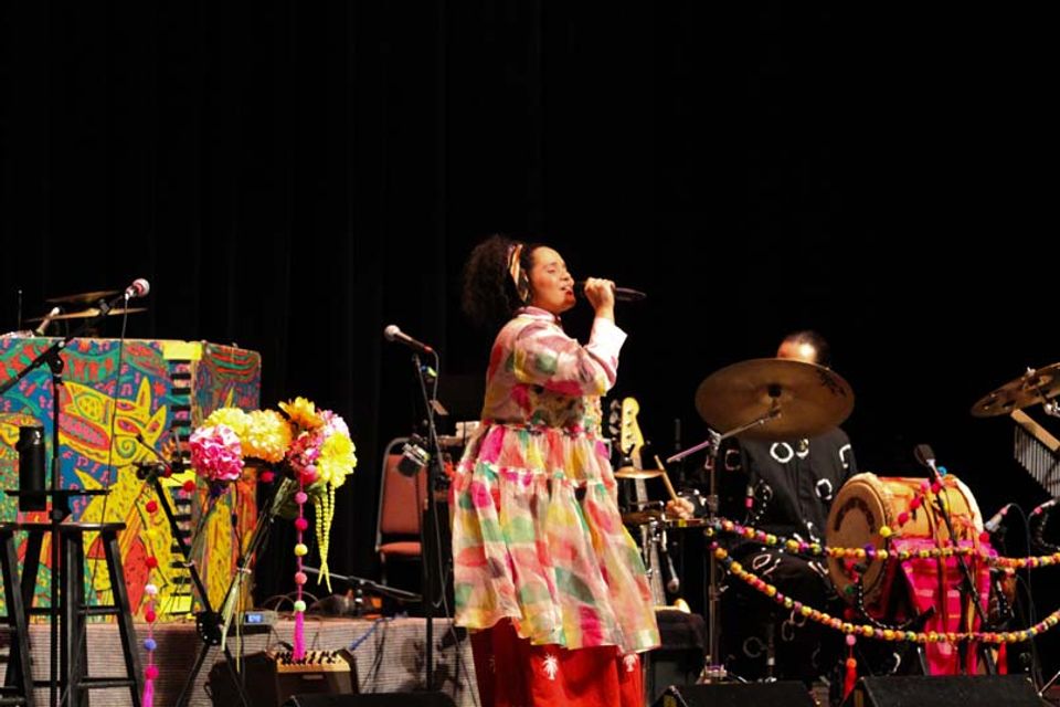 Lido Pimienta performs on the Lyell B Clay Theatre stage at the WVU Canady Creative Arts Center. Photo by Chase Hughart.