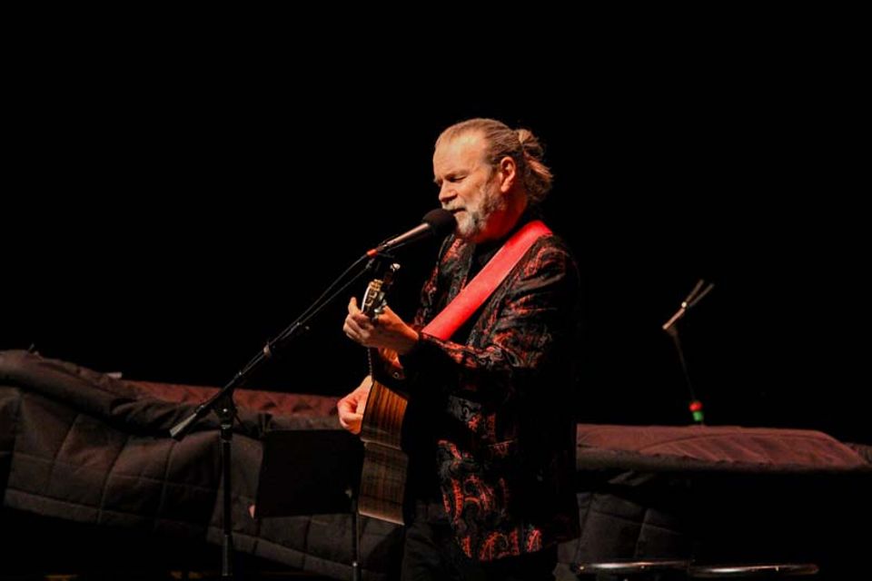 Beppe Gambetta performs on the Lyell B Clay Theatre stage at the WVU Canady Creative Arts Center. Photo by Chase Hughart.