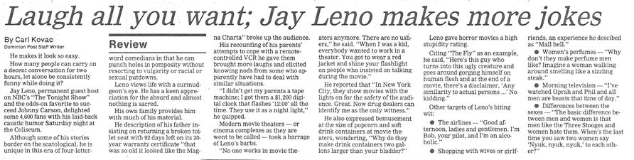 Photo of Dominion Post Review titled "Laugh all you want; Jay Leno makes more jokes."