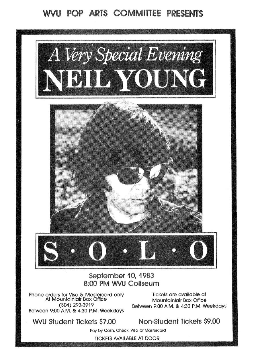 Concert poster from Neil Young's 1983 concert at the WVU Coliseum