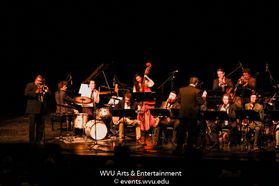 Wycliffe Gordon performing with the WVU Big Band on stage at the WVU Creative Arts Center. Photo by Logan McMasters.