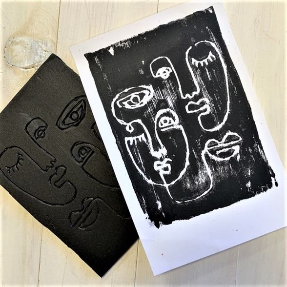 relief printmaking example depicting black and white masks