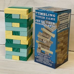 stacking blocks painted in greens, blues and yellows