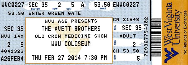 Avett Brothers ticket from  2014 in Sec 35 Row 2 Seat 5