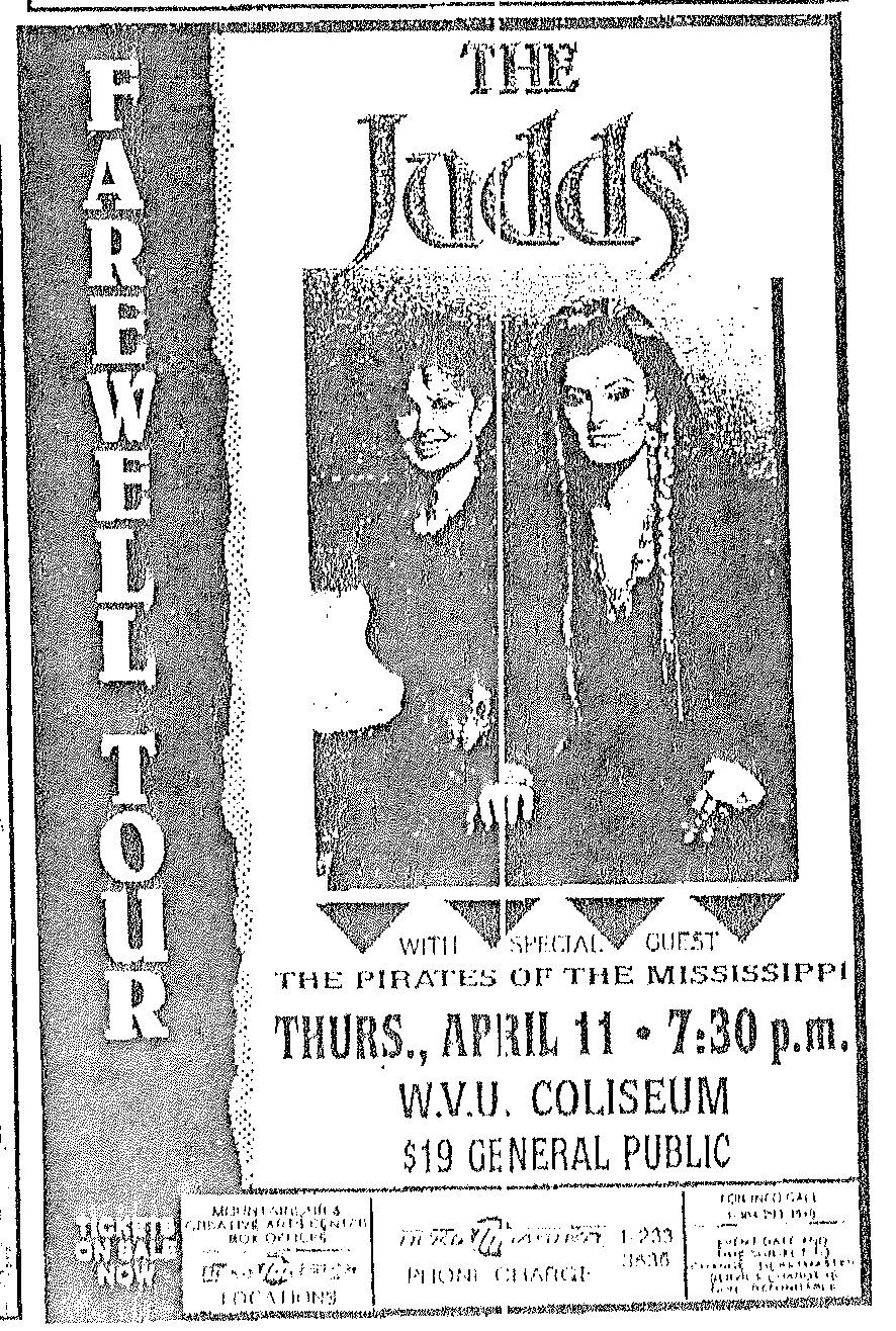 Newspaper ad for The Judds 1991 Farewell Tour concert at the Coliseum with a photo of Naomi and Wynonna Judd