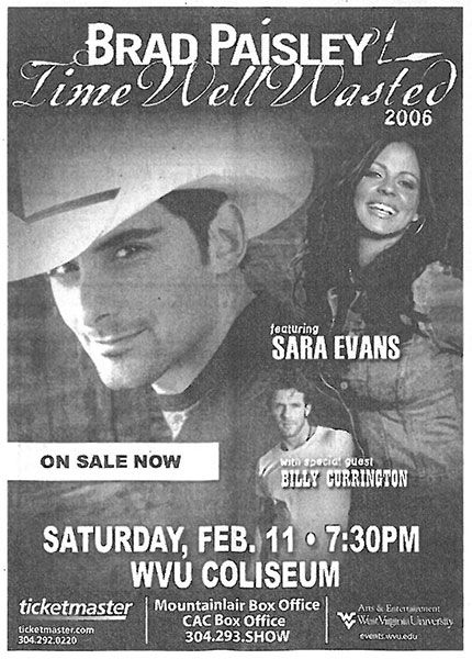 Copy of a newspaper ad promoting the 2006 concert with photos of Paisley, Evans and Currington.
