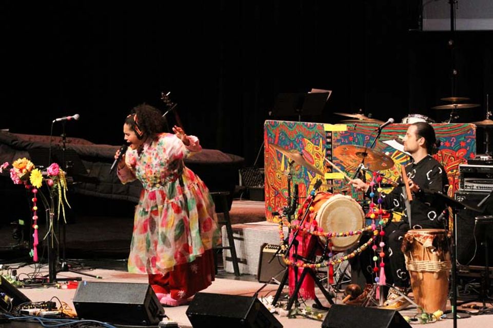 Lido Pimienta performs on the Lyell B Clay Theatre stage at the WVU Canady Creative Arts Center. Photo by Chase Hughart.