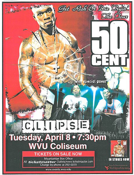 Poster promoting 2003 50 Cent concert featuring his Get Rich or Die Tryin' album cover photo and a photo of the members of Clipse