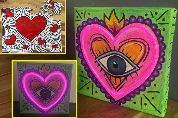 Heart puzzle and canvas with neon pink heart