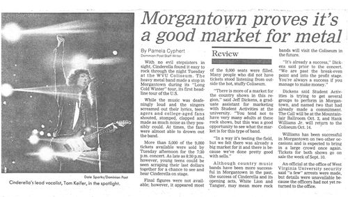 Morgantown proves it's a good market for metal. Review that appeared in the Dominion Post August 30, 1989
