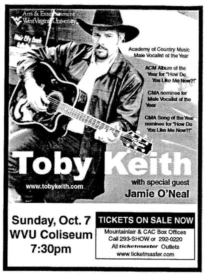 Newspaper ad from 2001 promoting the Toby Keith concert