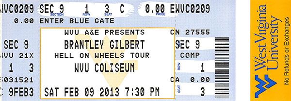 Ticket from Brantley Gilbert concert in 2013
