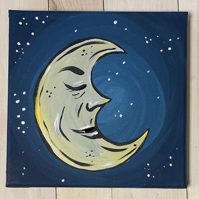 canvas painting of an illustrated moon with a face on a blue sky background