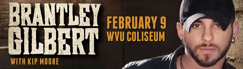 Billboard promoting Brantley Gilbert Show at the WVU Coliseum featuring a photo of Gilbert.