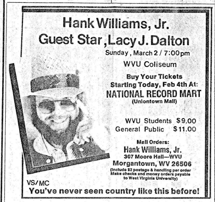 Copy of a 1986 newspaper ad promoting the Hank Williams Jr and Lacy J Dalton concert