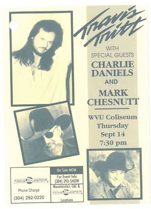 A promotional card from the 1995 Travis Tritt concert. The card has photos of all three artists.