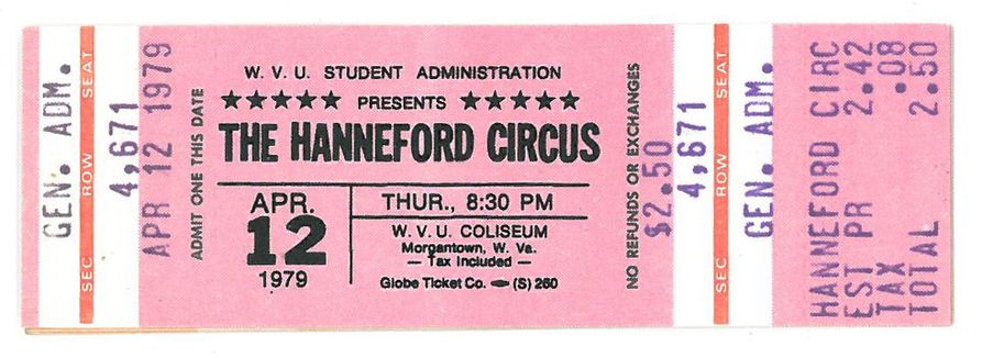 a pink circus ticket issued for the 1979 8:30pm performance of the Hanneford Circus