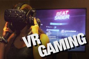 VR Gaming. Female player wearing a virtual reality headset