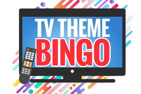 TV Theme Bingo with a drawing of a TV remote control