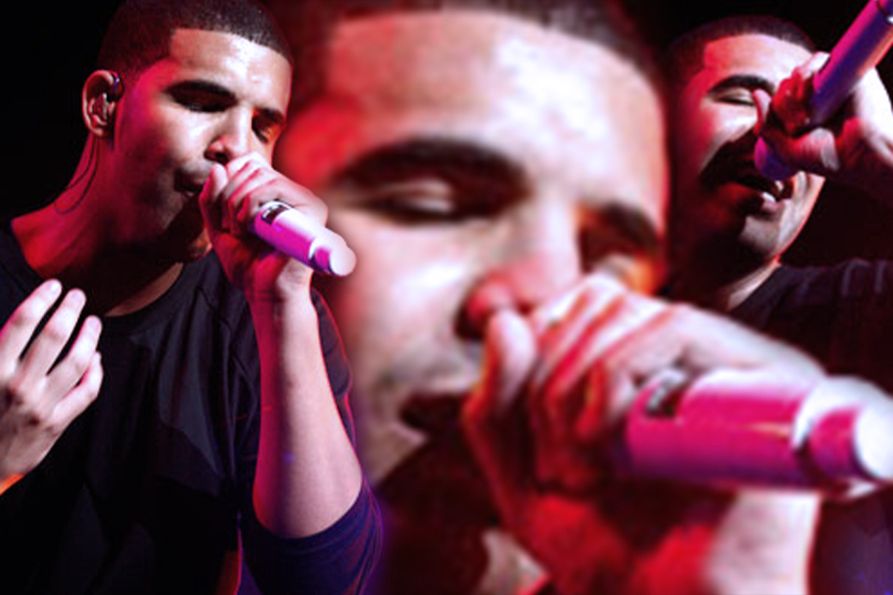 Photo collage showing three closeup pictures of Drake singing during his 2010 concert