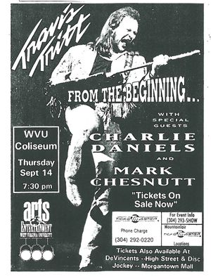 Newspaper ad advertising the Travis Tritt In The Beginning Tour at the WVU Coliseum September 14, 1995