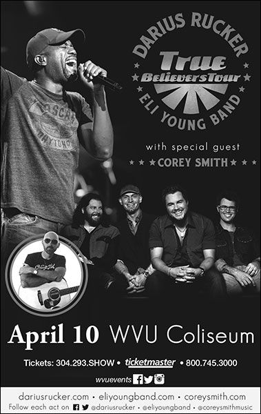 Newspaper ad advertising the 2014 Darius Rucker True Believers Tour with Eli Young Band and Corey Smith April 10 at WVU Coliseum