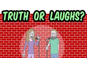 Truth or Laughs? Illustration of two comedians at microphones