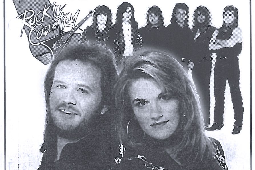 Photo collage. Travis Tritt and Trisha Yearwood in the foreground. Little Texas in the background.