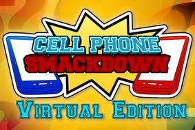 Cell Phone Smackdown Virtual Edition with a blue cell phone and a red cell phone drawing on a yellow background.