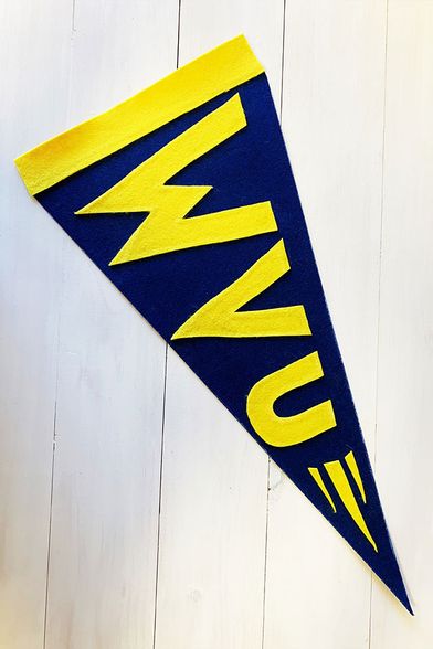 navy blue felt pennant with the letters "w" "v" and "u" affixed in gold felt