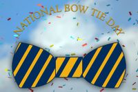 National Bow Tie Day with blue and gold striped bow tie and confetti