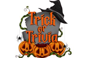 Trick or Trivia with headstone, jack-o-lanterns and a witch hat in the background.