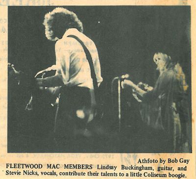 Bob Gay photo from Fleetwood Mac concert that appeared in The Daily Athenaeum showing Lindsey Buckingham and Stevie Nicks