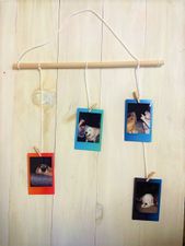 DIY hanging photo holder with 4 pictures on colorful backgrounds.