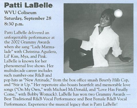 Patti LaBelle advertisement in 2002 Fall Family Weekend brochure