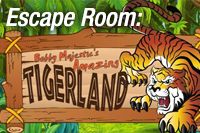 Escape Room Tigerland with wooden sign and picture of tiger roaring