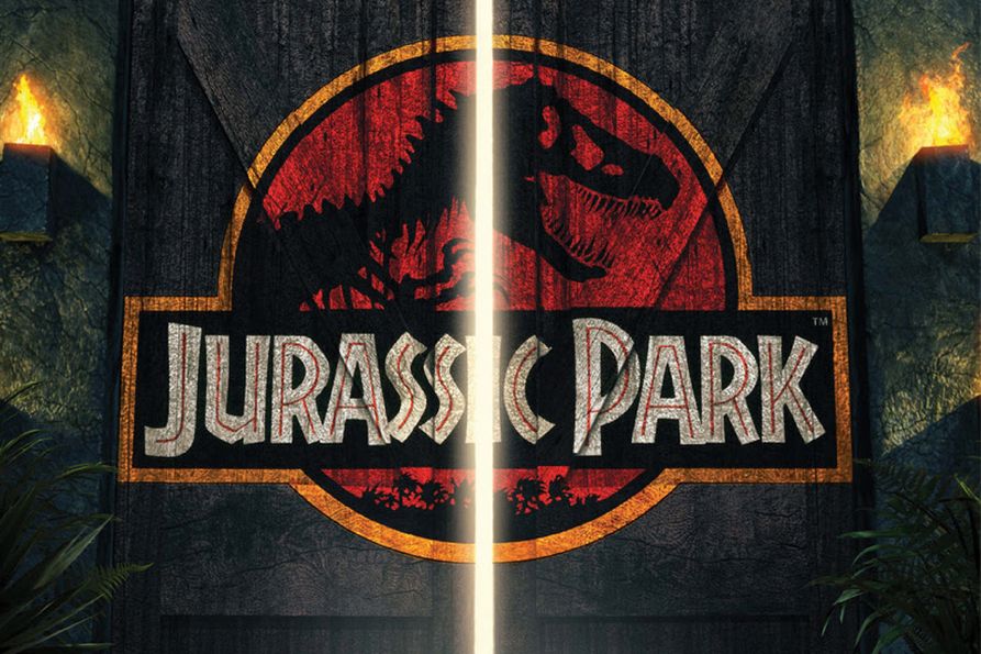 Jurassic Park film post with jeep pointing headlight at the gates of the park