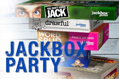 Jackbox Party with a stack of board games in the background