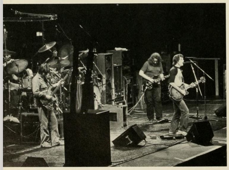 black and white photo from the Monticola showing members of the Grateful Dead performing in 1983