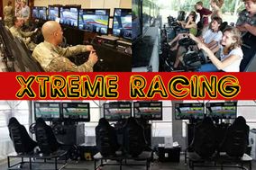 Extreme Racing. Men in fatigues and students playing online racing game