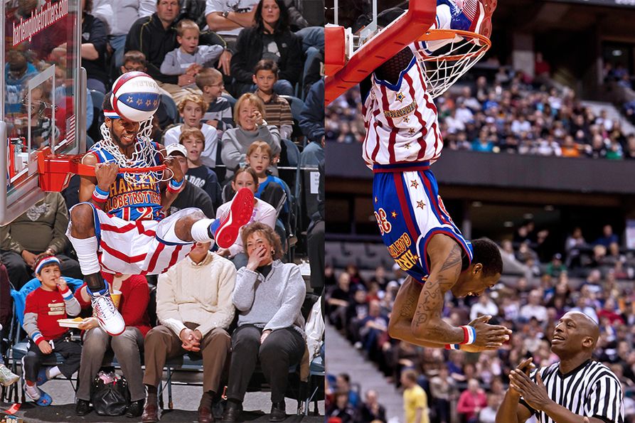 photo collage of Globetrotters hanging from the basketball net