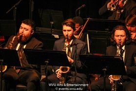 The WVU Big Band performing on stage at the WVU Creative Arts Center. Photo by Logan McMasters.