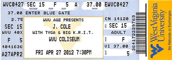 Blue and gold concert ticket from the J Cole show in 2012
