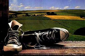 black converse hi-top shoes in the foreground with a field in the background