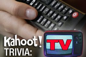 Hand holding a TV remote with the text "Kahoot! Trivia TV"